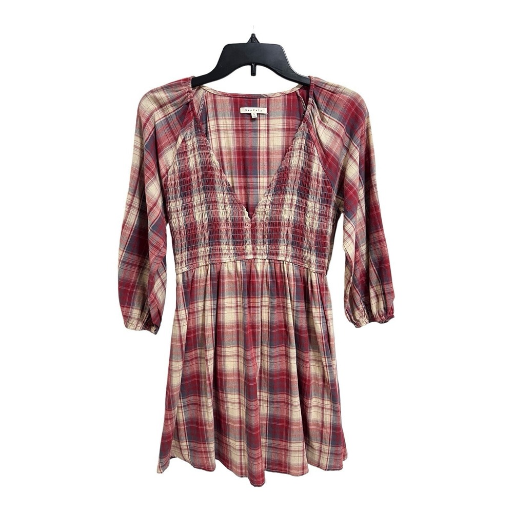 BaeVely Red Plaid Boho Mini Dress with Pockets‎ Women's Small